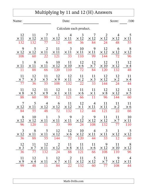 The Multiplying (1 to 12) by 11 and 12 (100 Questions) (H) Math Worksheet Page 2