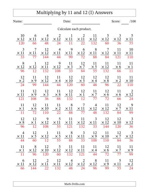 The Multiplying (1 to 12) by 11 and 12 (100 Questions) (I) Math Worksheet Page 2