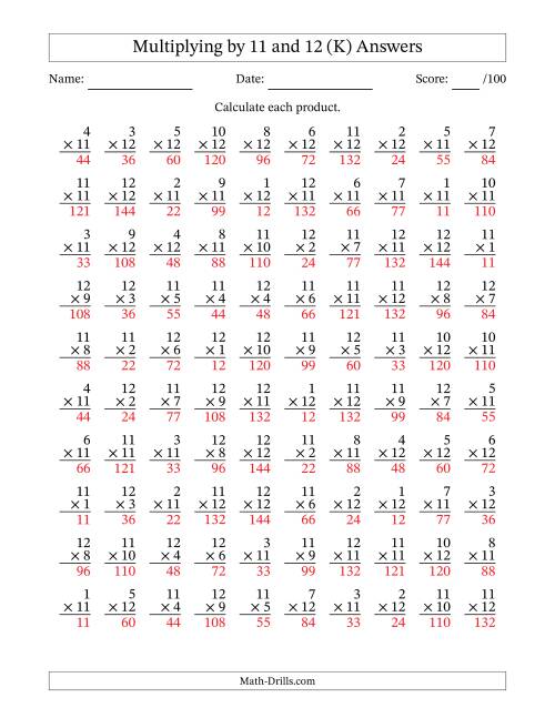 The Multiplying (1 to 12) by 11 and 12 (100 Questions) (K) Math Worksheet Page 2