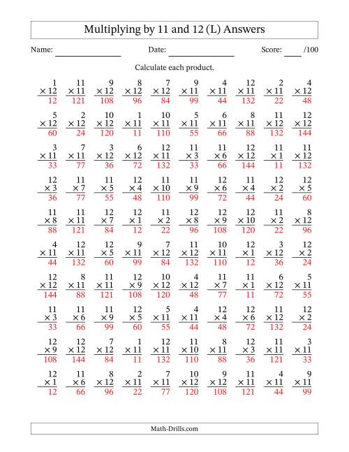 The Multiplying (1 to 12) by 11 and 12 (100 Questions) (L) Math Worksheet Page 2