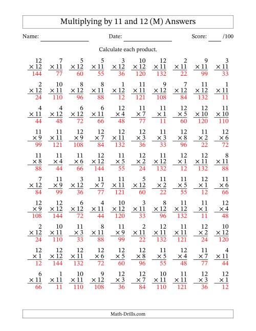 The Multiplying (1 to 12) by 11 and 12 (100 Questions) (M) Math Worksheet Page 2