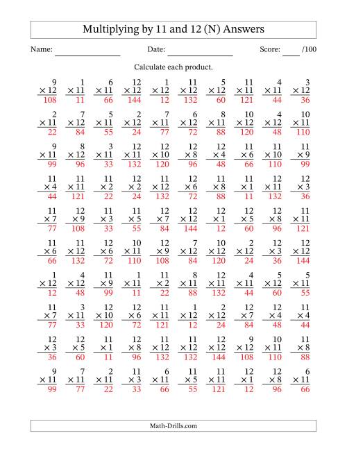 The Multiplying (1 to 12) by 11 and 12 (100 Questions) (N) Math Worksheet Page 2