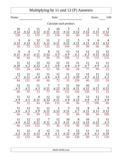 The Multiplying (1 to 12) by 11 and 12 (100 Questions) (P) Math Worksheet Page 2