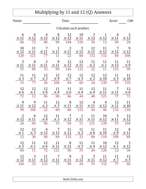 The Multiplying (1 to 12) by 11 and 12 (100 Questions) (Q) Math Worksheet Page 2