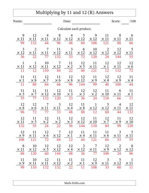 The Multiplying (1 to 12) by 11 and 12 (100 Questions) (R) Math Worksheet Page 2