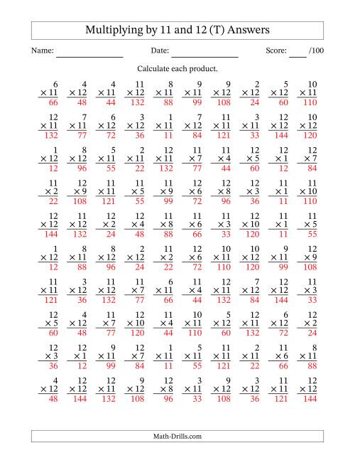 The Multiplying (1 to 12) by 11 and 12 (100 Questions) (T) Math Worksheet Page 2