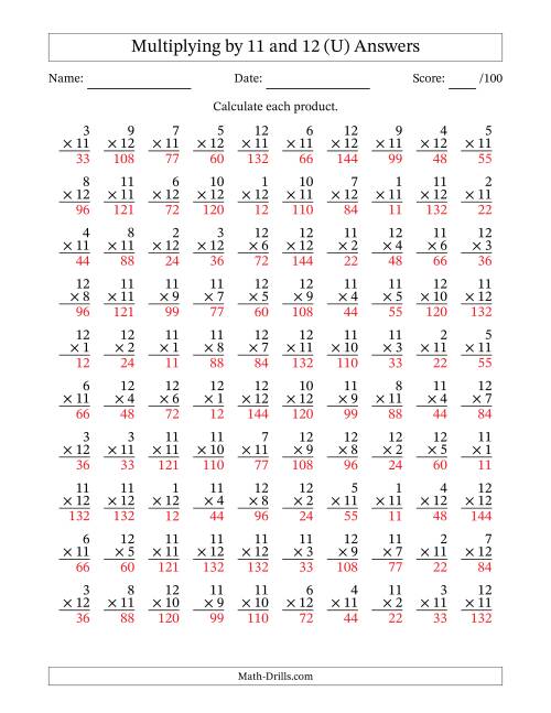 The Multiplying (1 to 12) by 11 and 12 (100 Questions) (U) Math Worksheet Page 2