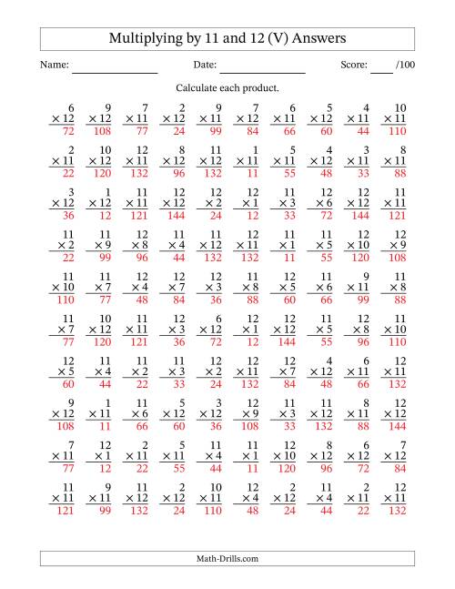 The Multiplying (1 to 12) by 11 and 12 (100 Questions) (V) Math Worksheet Page 2