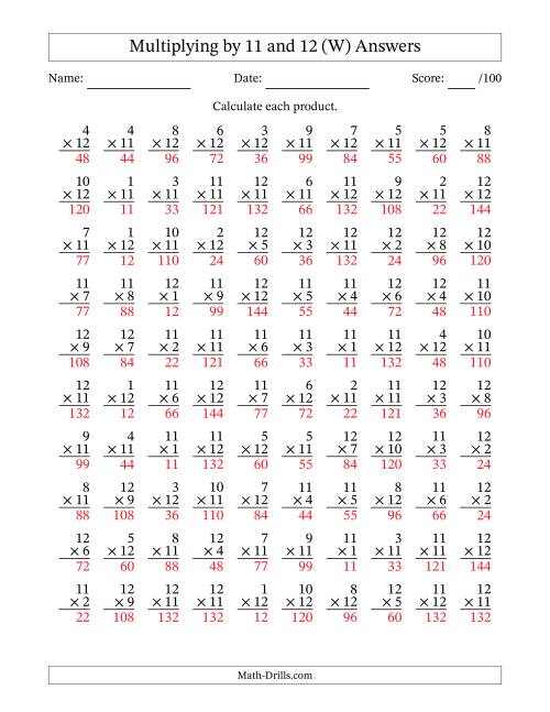 The Multiplying (1 to 12) by 11 and 12 (100 Questions) (W) Math Worksheet Page 2
