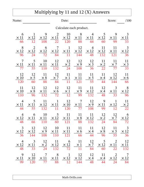 The Multiplying (1 to 12) by 11 and 12 (100 Questions) (X) Math Worksheet Page 2