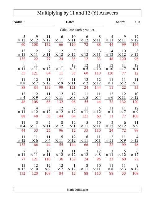 The Multiplying (1 to 12) by 11 and 12 (100 Questions) (Y) Math Worksheet Page 2