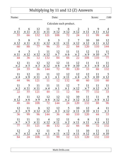 The Multiplying (1 to 12) by 11 and 12 (100 Questions) (Z) Math Worksheet Page 2