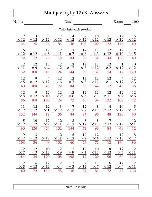 The Multiplying (1 to 12) by 12 (100 Questions) (B) Math Worksheet Page 2