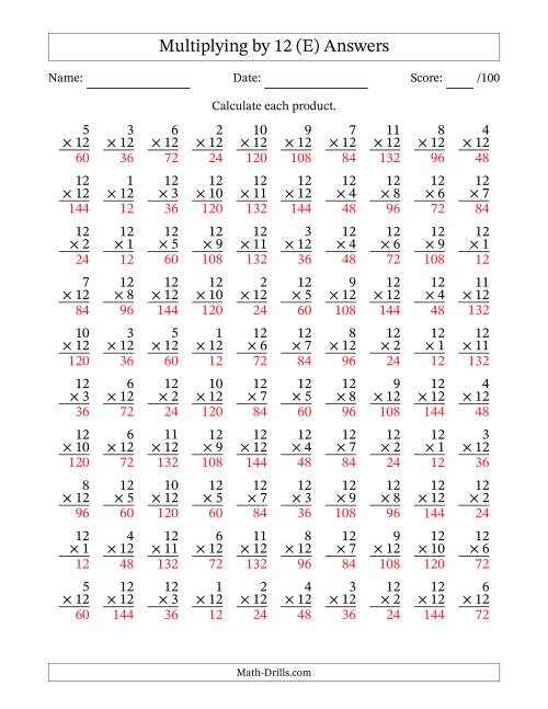 The Multiplying (1 to 12) by 12 (100 Questions) (E) Math Worksheet Page 2