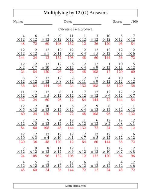 The Multiplying (1 to 12) by 12 (100 Questions) (G) Math Worksheet Page 2