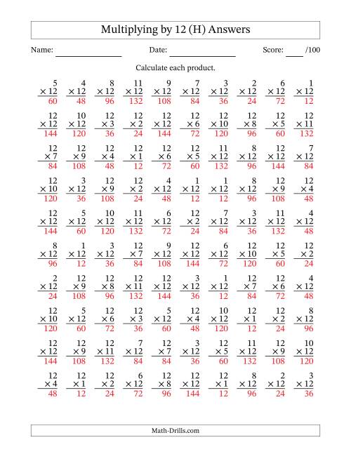 The Multiplying (1 to 12) by 12 (100 Questions) (H) Math Worksheet Page 2