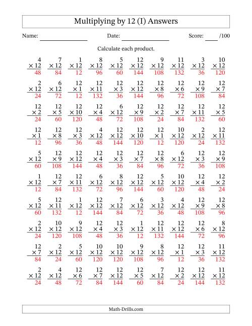 The Multiplying (1 to 12) by 12 (100 Questions) (I) Math Worksheet Page 2