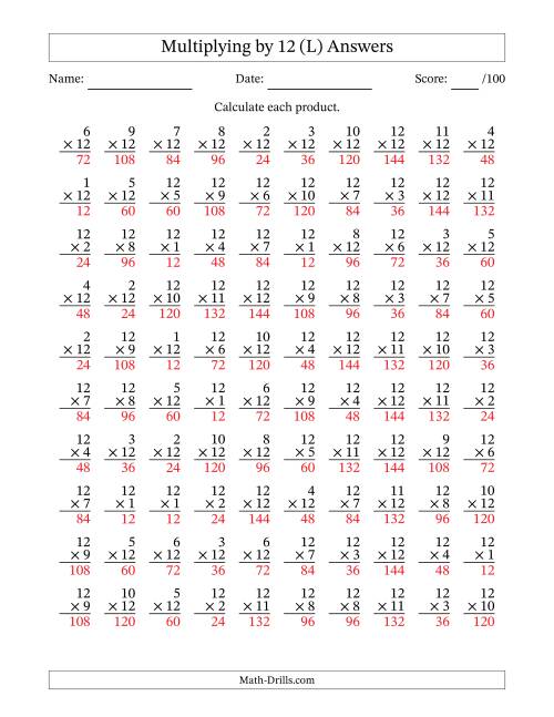 The Multiplying (1 to 12) by 12 (100 Questions) (L) Math Worksheet Page 2