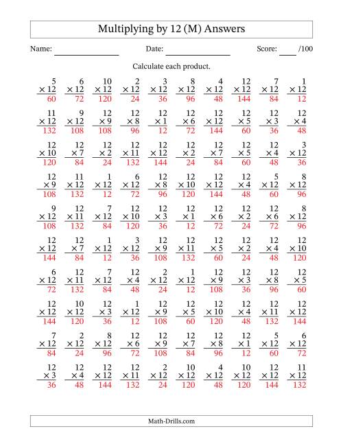 The Multiplying (1 to 12) by 12 (100 Questions) (M) Math Worksheet Page 2