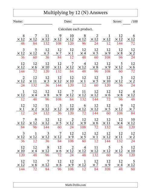 The Multiplying (1 to 12) by 12 (100 Questions) (N) Math Worksheet Page 2
