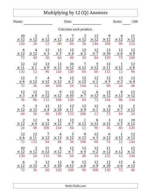 The Multiplying (1 to 12) by 12 (100 Questions) (Q) Math Worksheet Page 2