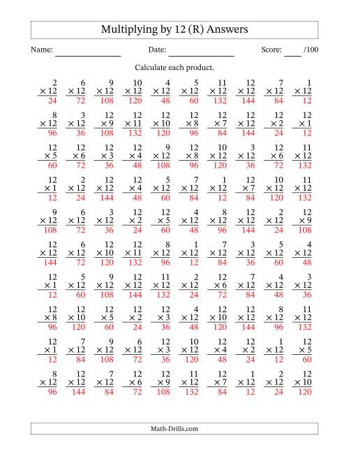 The Multiplying (1 to 12) by 12 (100 Questions) (R) Math Worksheet Page 2