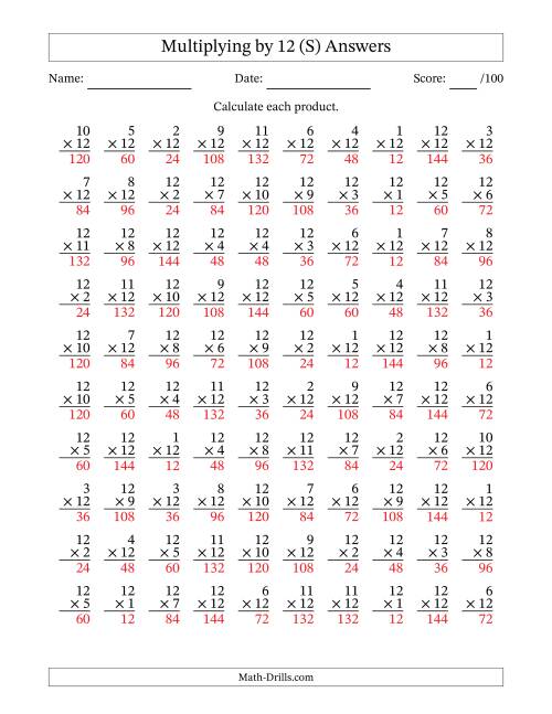 The Multiplying (1 to 12) by 12 (100 Questions) (S) Math Worksheet Page 2