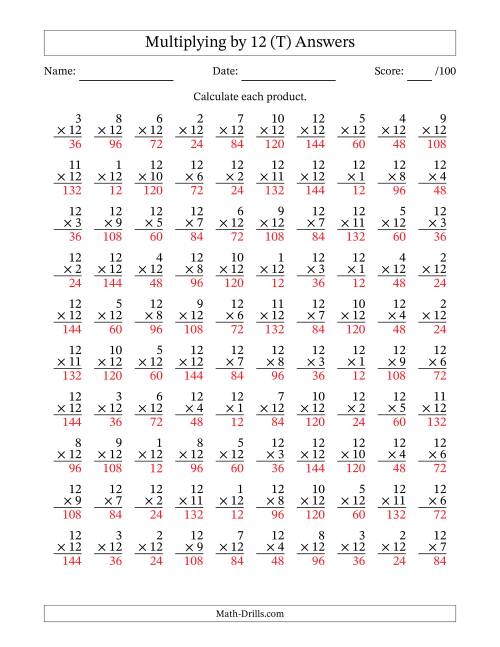 The Multiplying (1 to 12) by 12 (100 Questions) (T) Math Worksheet Page 2