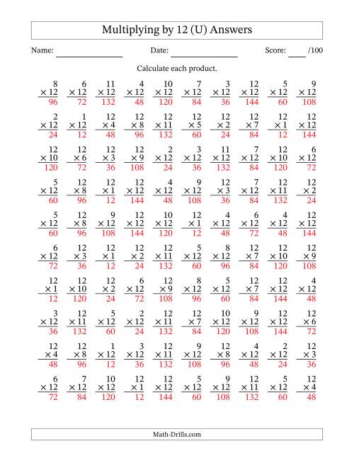 The Multiplying (1 to 12) by 12 (100 Questions) (U) Math Worksheet Page 2