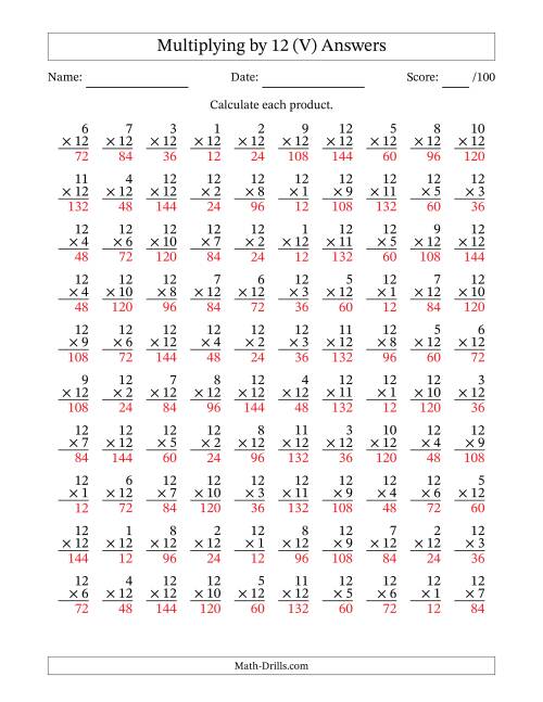 The Multiplying (1 to 12) by 12 (100 Questions) (V) Math Worksheet Page 2