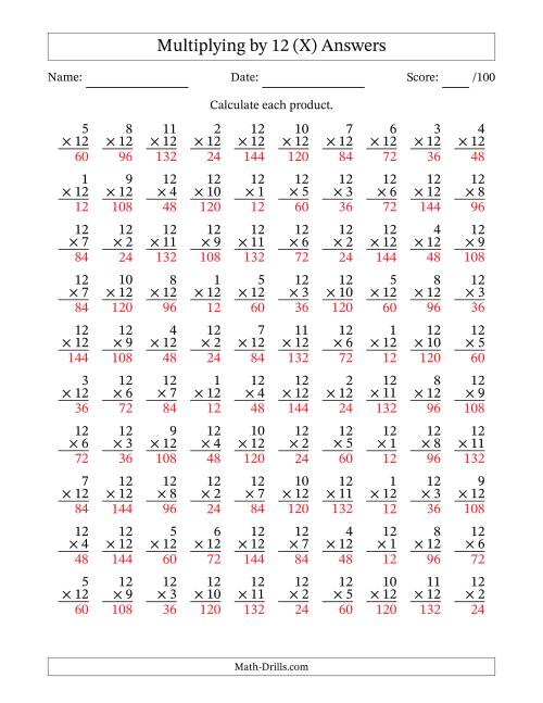 The Multiplying (1 to 12) by 12 (100 Questions) (X) Math Worksheet Page 2