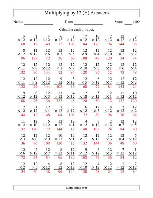 The Multiplying (1 to 12) by 12 (100 Questions) (Y) Math Worksheet Page 2