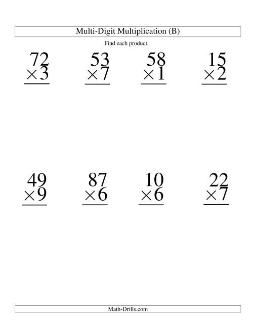 The Multiplying Two-Digit by One-Digit -- 8 per page (B) Math Worksheet