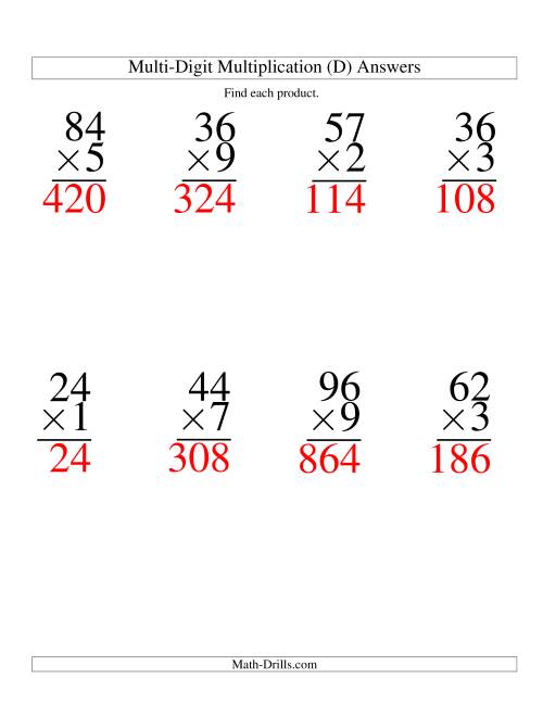 The Multiplying Two-Digit by One-Digit -- 8 per page (D) Math Worksheet Page 2