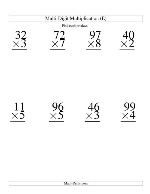 The Multiplying Two-Digit by One-Digit -- 8 per page (E) Math Worksheet