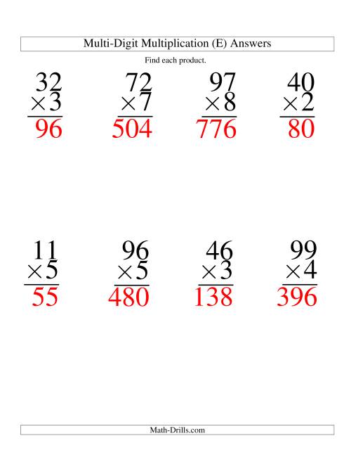 The Multiplying Two-Digit by One-Digit -- 8 per page (E) Math Worksheet Page 2