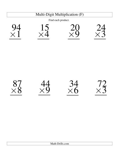 The Multiplying Two-Digit by One-Digit -- 8 per page (F) Math Worksheet