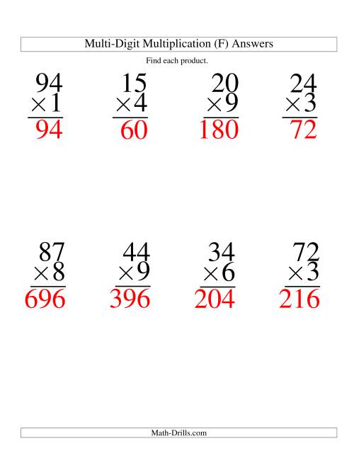 The Multiplying Two-Digit by One-Digit -- 8 per page (F) Math Worksheet Page 2