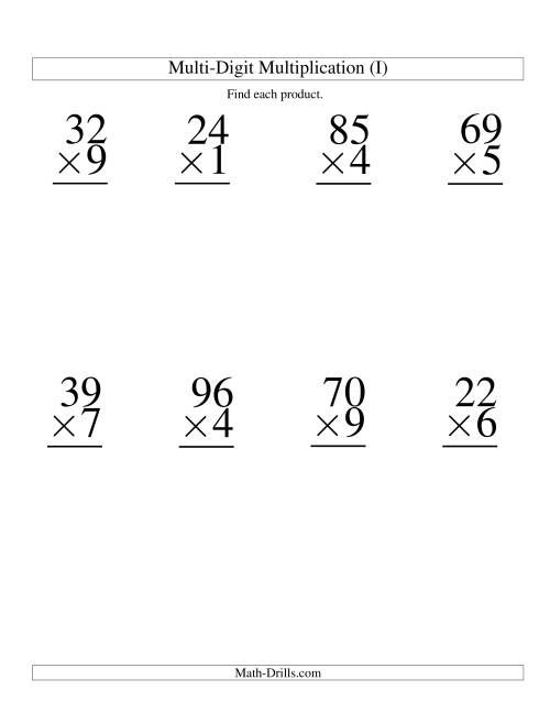 The Multiplying Two-Digit by One-Digit -- 8 per page (I) Math Worksheet