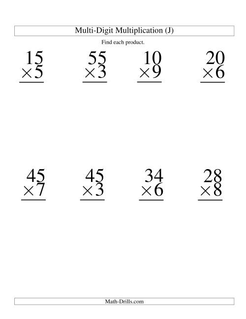 The Multiplying Two-Digit by One-Digit -- 8 per page (J) Math Worksheet