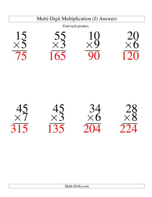 The Multiplying Two-Digit by One-Digit -- 8 per page (J) Math Worksheet Page 2