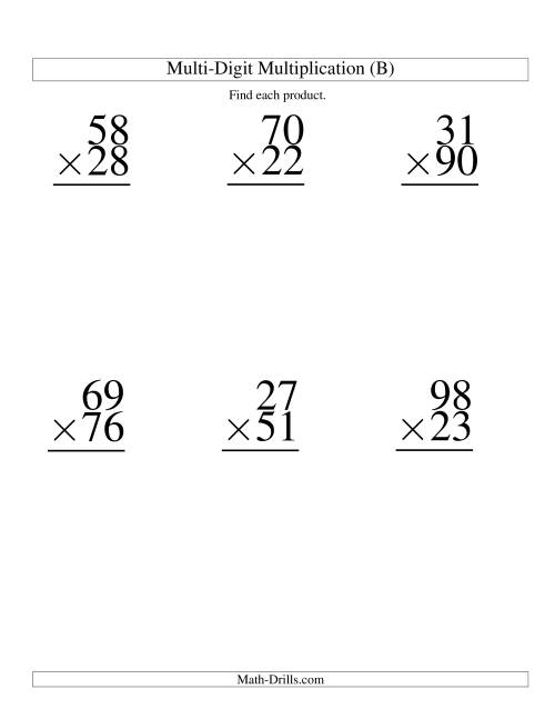 The Multiplying Two-Digit by Two-Digit -- 6 per page (B) Math Worksheet