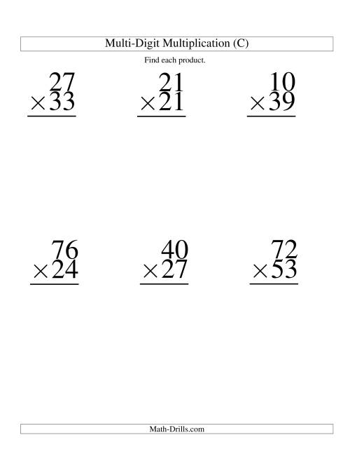 The Multiplying Two-Digit by Two-Digit -- 6 per page (C) Math Worksheet