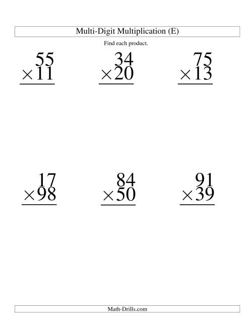 The Multiplying Two-Digit by Two-Digit -- 6 per page (E) Math Worksheet