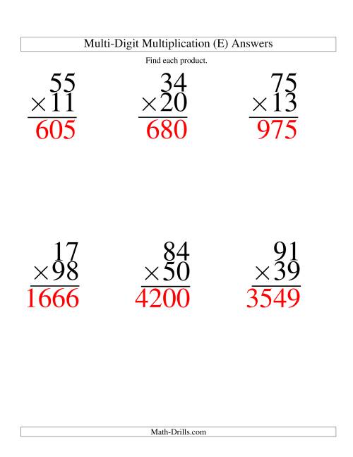 The Multiplying Two-Digit by Two-Digit -- 6 per page (E) Math Worksheet Page 2