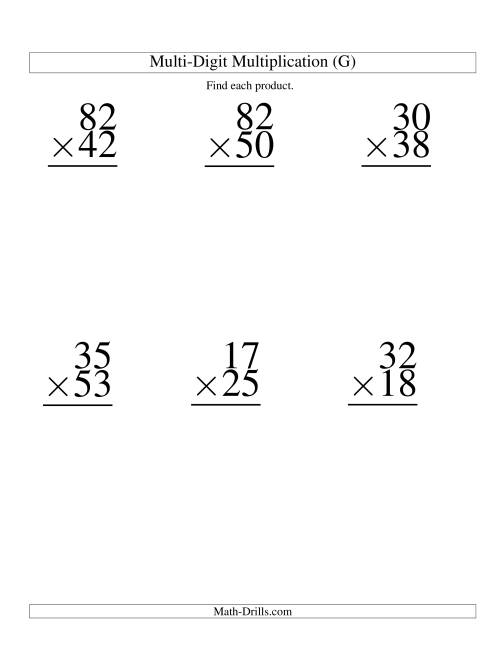 The Multiplying Two-Digit by Two-Digit -- 6 per page (G) Math Worksheet