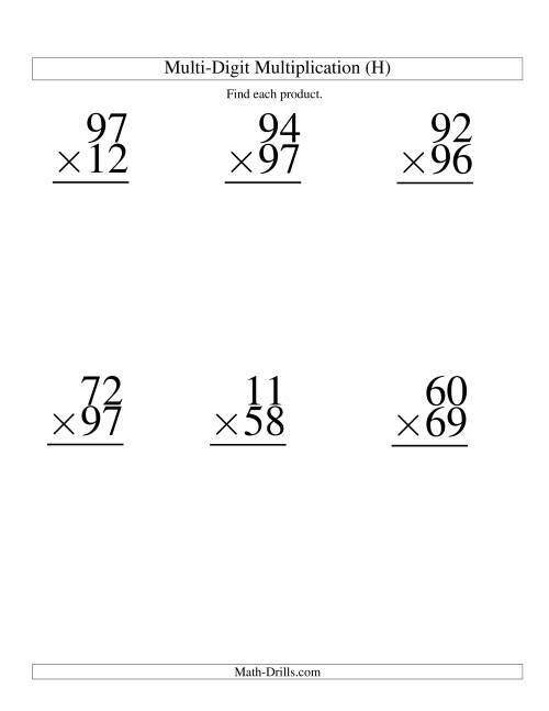 The Multiplying Two-Digit by Two-Digit -- 6 per page (H) Math Worksheet