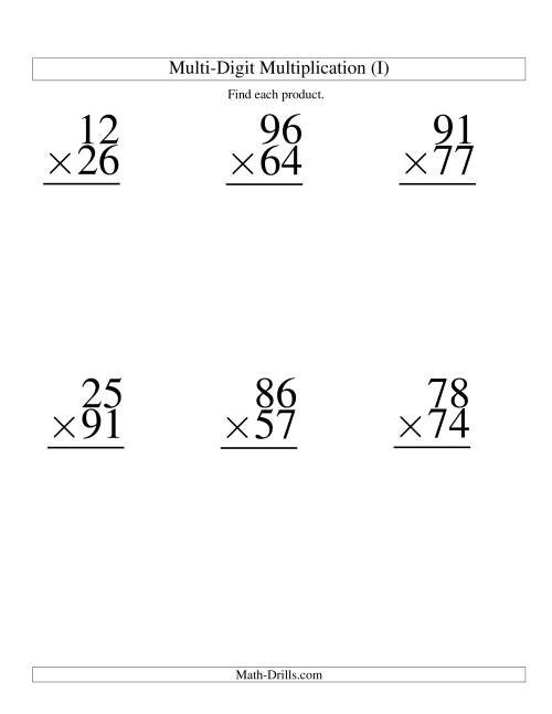 The Multiplying Two-Digit by Two-Digit -- 6 per page (I) Math Worksheet