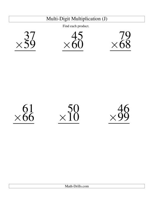 The Multiplying Two-Digit by Two-Digit -- 6 per page (J) Math Worksheet