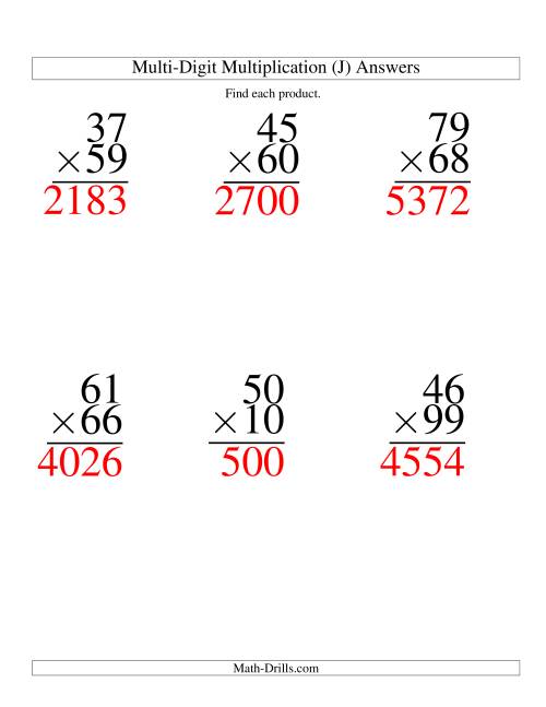 The Multiplying Two-Digit by Two-Digit -- 6 per page (J) Math Worksheet Page 2